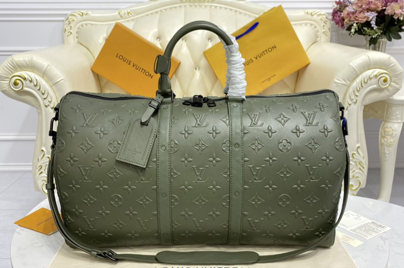 Louis Vuitton M57963 LV Keepall Bandoulière 50 Travel Bag in Khaki Monogram Seal cowhide leather