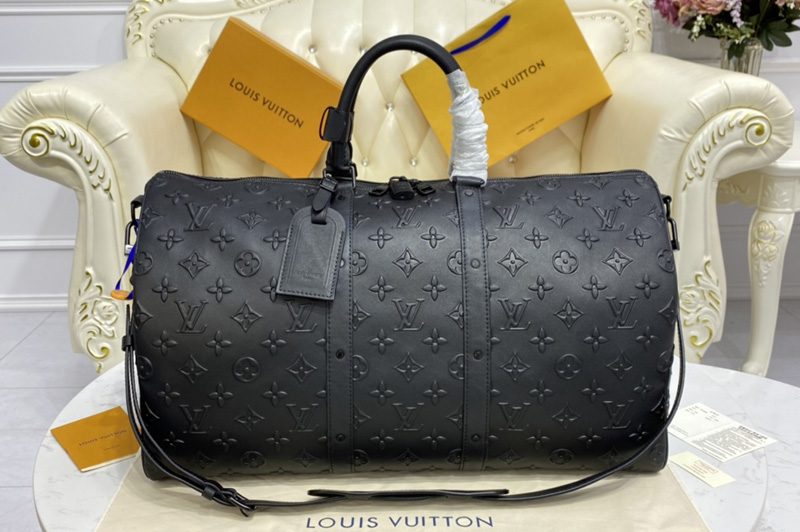 Louis Vuitton M57964 LV Keepall Bandoulière 50 Travel Bag in Black Monogram Seal cowhide leather