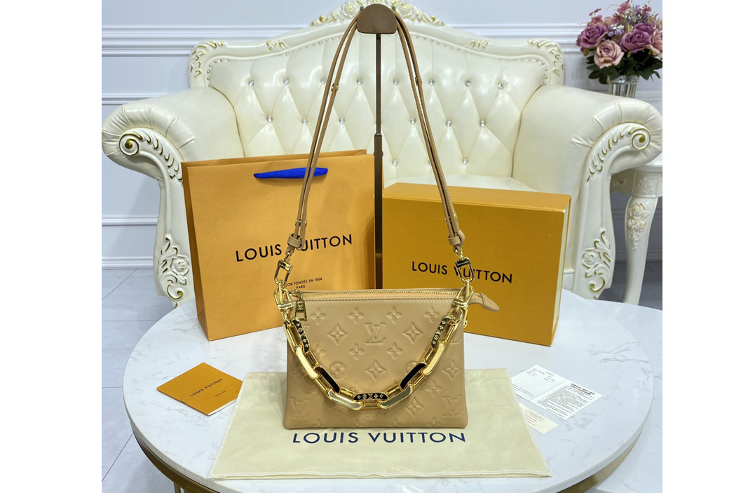 Louis Vuitton M57791 LV Coussin PM handbag in Camel Monogram embossed puffy lambskin