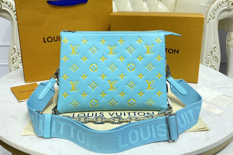 Louis Vuitton M58628 LV Coussin PM handbag in Light Blue/Yellow Monogram embossed puffy lambskin