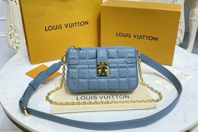 Louis Vuitton M59048 LV Pochette Troca Bag in Blue Damier Quilt lamb leather