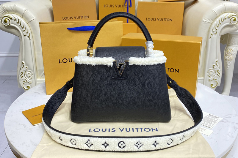 Louis Vuitton M59073 LV Capucines MM handbag in Black Taurillon leather and shearling