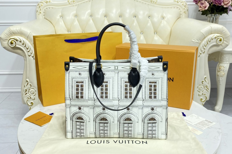 Louis Vuitton M59264 LV OnTheGo MM tote bag in Black and White Printed matte calf leather