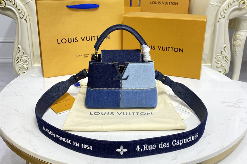 Louis Vuitton M59268 LV Capucines Mini handbag in Navy Blue Taurillon leather and denim