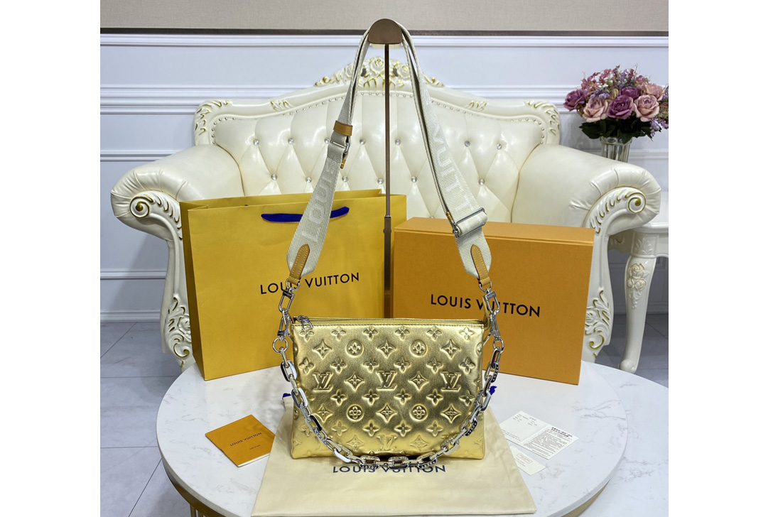 Louis Vuitton M59278 LV Coussin PM handbag in Gold Monogram embossed puffy lambskin