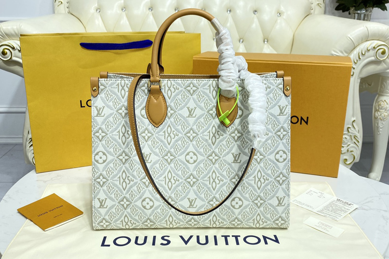 Louis Vuitton M59614 LV OnTheGo MM tote bag in Ecru / Caramel Since 1854 Jacquard textile