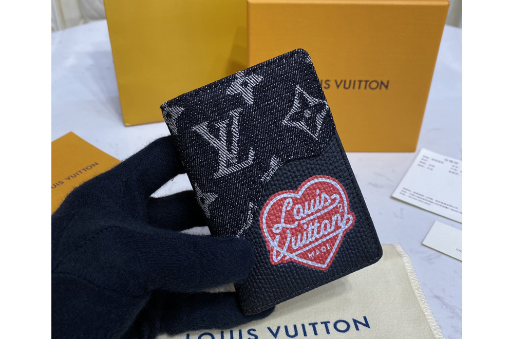 Louis Vuitton M60502 LV Pocket Organizer Wallet in Black Monogram denim and Taurillon leather