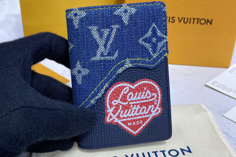 Louis Vuitton M60502 LV Pocket Organizer Wallet in Blue Monogram denim and Navy Blue Taurillon leather