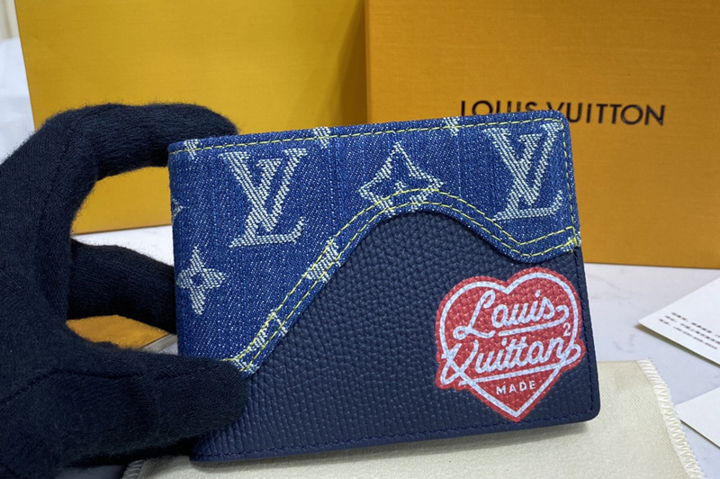 Louis Vuitton M60895 LV Monogram Denim Multiple Wallet in Blue Monogram denim and Navy Blue Taurillon leather