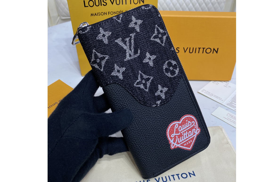 Louis Vuitton M63095 LV Zippy Vertical wallet in Black Monogram denim and Taurillon leather