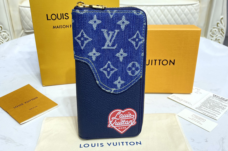 Louis Vuitton M63095 LV Zippy Vertical wallet in Blue Monogram denim and Navy Blue Taurillon leather