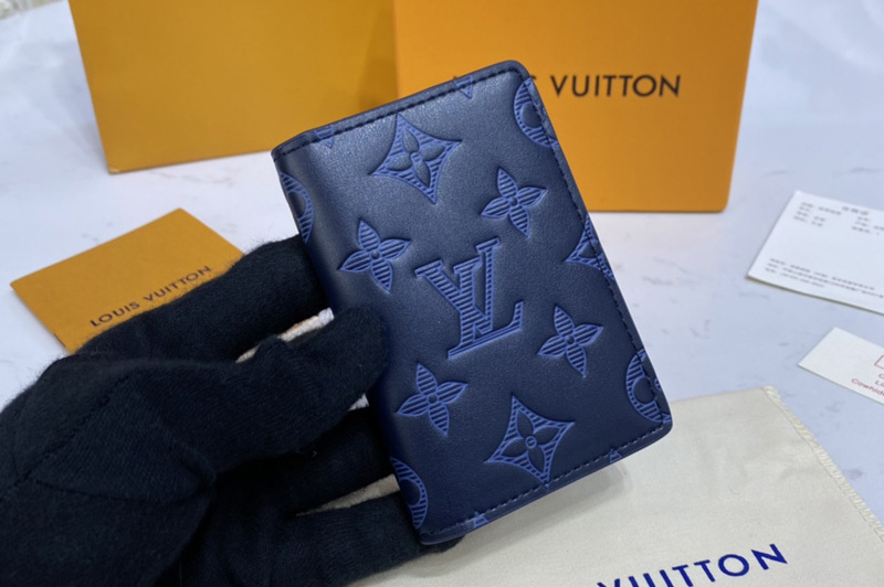 Louis Vuitton M80421 LV Pocket Organizer wallet in Navy Blue Monogram Shadow cowhide leather