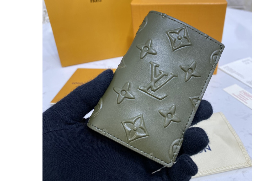 Louis Vuitton M80508 LV Pocket Organizer Slender wallet in Green Monogram Seal cowhide leather