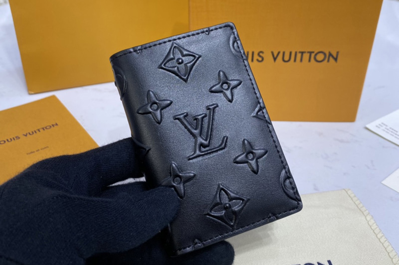 Louis Vuitton M80508 LV Pocket Organizer Slender wallet in Black Monogram Seal cowhide leather