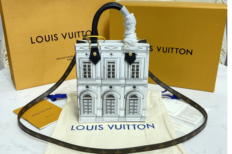 Louis Vuitton M80991 LV Petit Sac Plat Bag in Black / White Printed patent calf leather