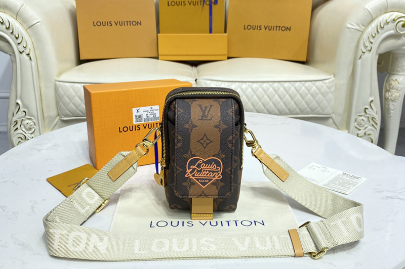 Louis Vuitton M81005 LV Flap Double Phone Pouch in Monogram Stripes Brown coated canvas