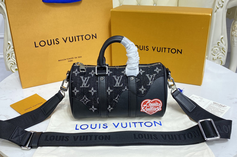 Louis Vuitton M81010 LV keepall xs Bag in Black Monogram denim and Taurillon leather