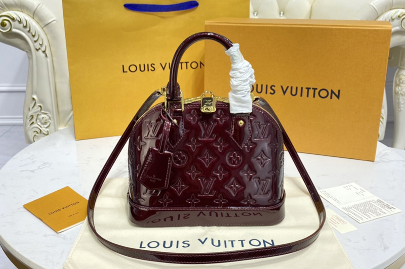Louis Vuitton M91678 LV Alma BB handbag in Amarante Red Monogram Vernis embossed patent calf leather