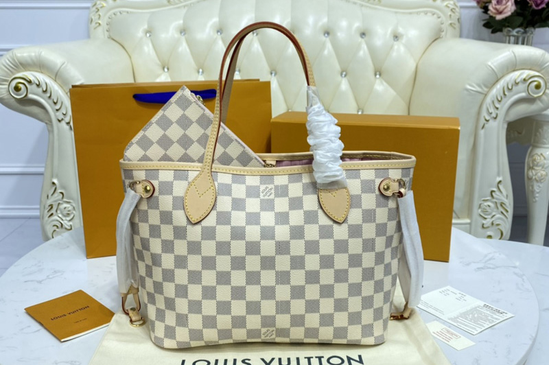 Louis Vuitton N41362 LV Neverfull PM tote Bag in Damier Azur coated canvas With Pink