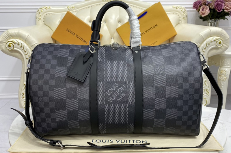 Louis Vuitton N50016 LV keepall bandouliere 50 Bag in Gray Damier Graphite 3D coated canvas