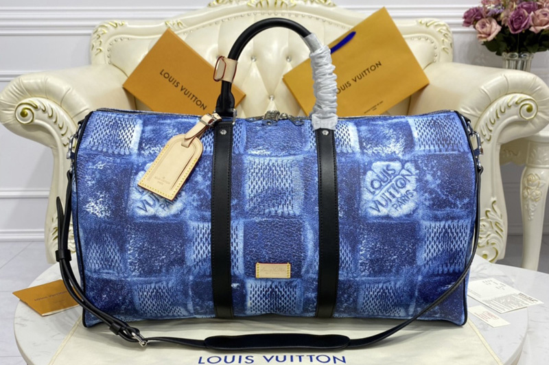 Louis Vuitton N50059 LV Keepall Bandoulière 50 Bag in Ocean Blue Damier Salt canvas