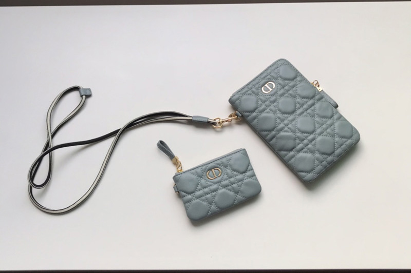 Christian Dior S5036 Dior Caro Multifunctional Pouch in Light Blue Supple Cannage Calfskin