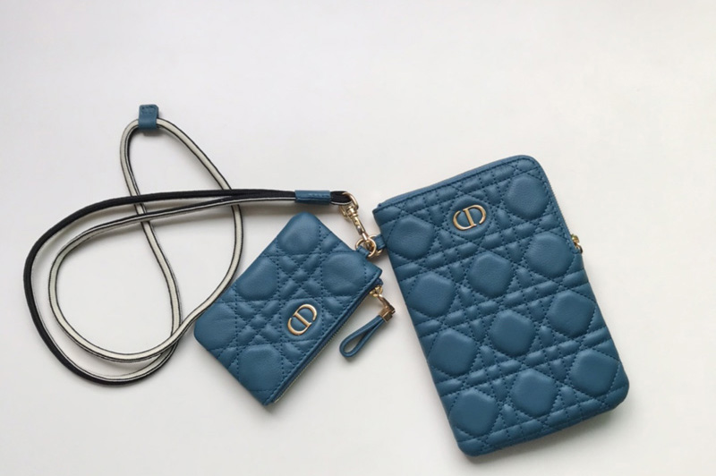 Christian Dior S5036 Dior Caro Multifunctional Pouch in Blue Supple Cannage Calfskin