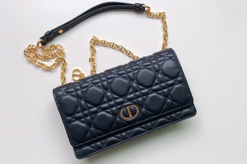 Christian Dior S5091 Dior Caro belt pouch With Chain Bag in Black Supple Cannage Calfskin