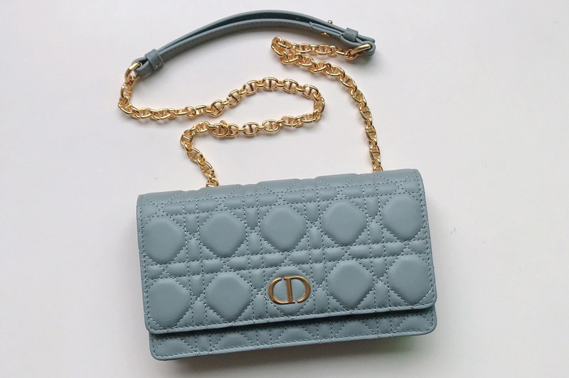 Christian Dior S5091 Dior Caro belt pouch With Chain Bag in Light Blue Supple Cannage Calfskin