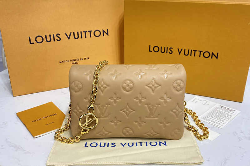 Louis Vuitton m80818 LV Pochette Coussin Bag in Camel Monogram-embossed lambskin