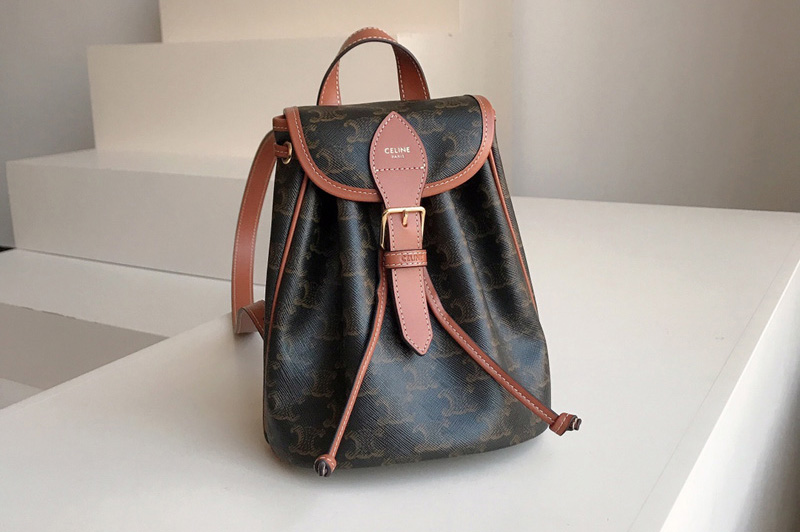 Celine 197662 MINI BACKPACK FOLCO IN TRIOMPHE CANVAS AND TAN CALFSKIN