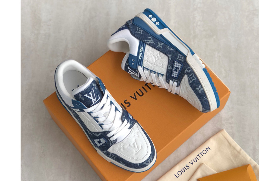 Louis Vuitton 1A9JGR LV Trainer sneaker on Blue Monogram denim and Monogram-embossed grained calf leather
