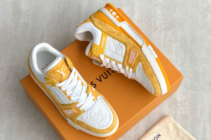 Louis Vuitton 1A9JHB LV Trainer sneaker on Yellow Monogram denim and Monogram-embossed grained calf leather