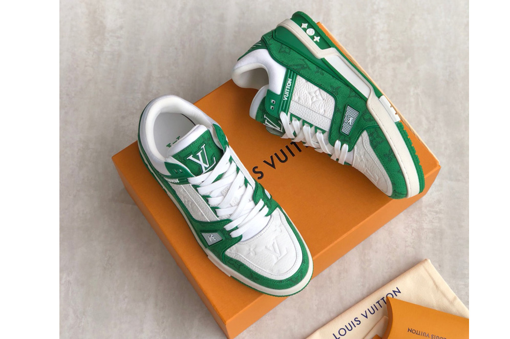 Louis Vuitton 1A9JHV LV Trainer sneaker on Green Monogram denim and Monogram-embossed grained calf leather