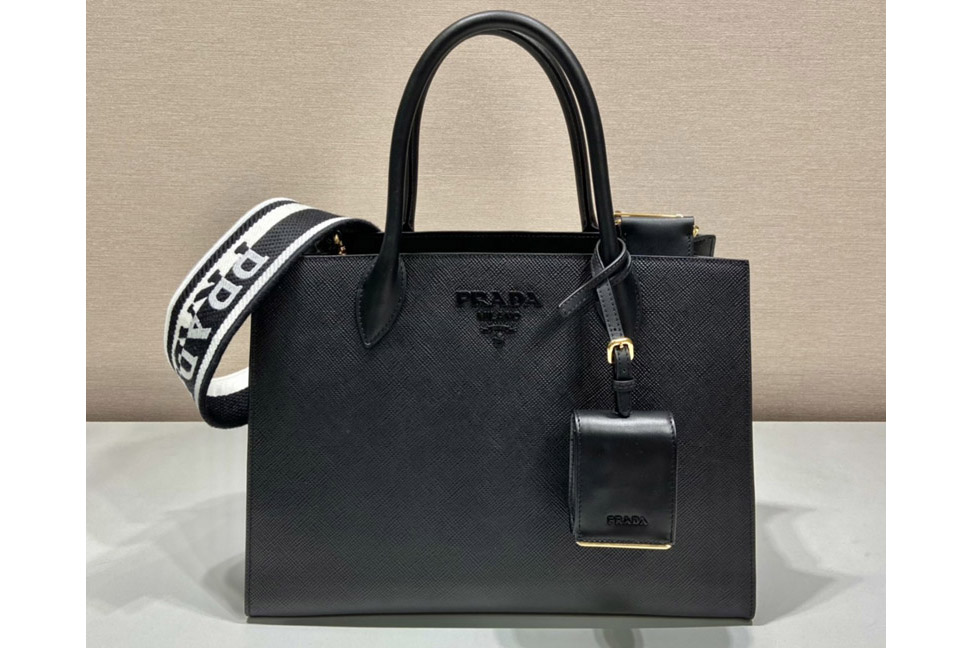 Prada 1BA155 Monochrome medium Saffiano bag in Black Saffiano Leather