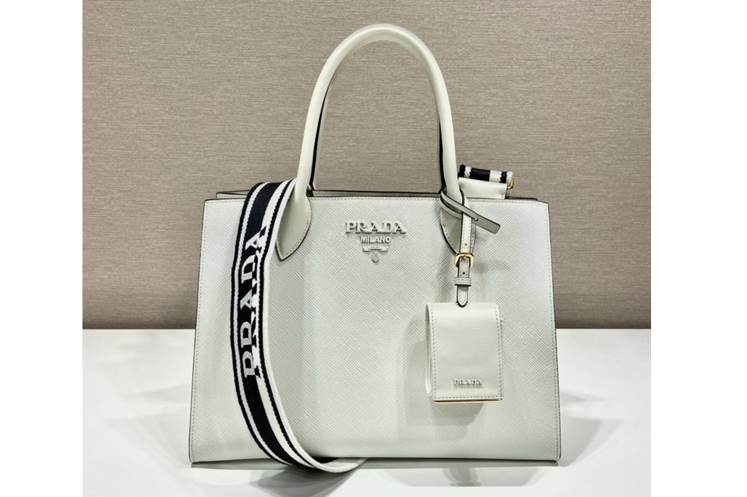 Prada 1BA155 Monochrome medium Saffiano bag in White Saffiano Leather