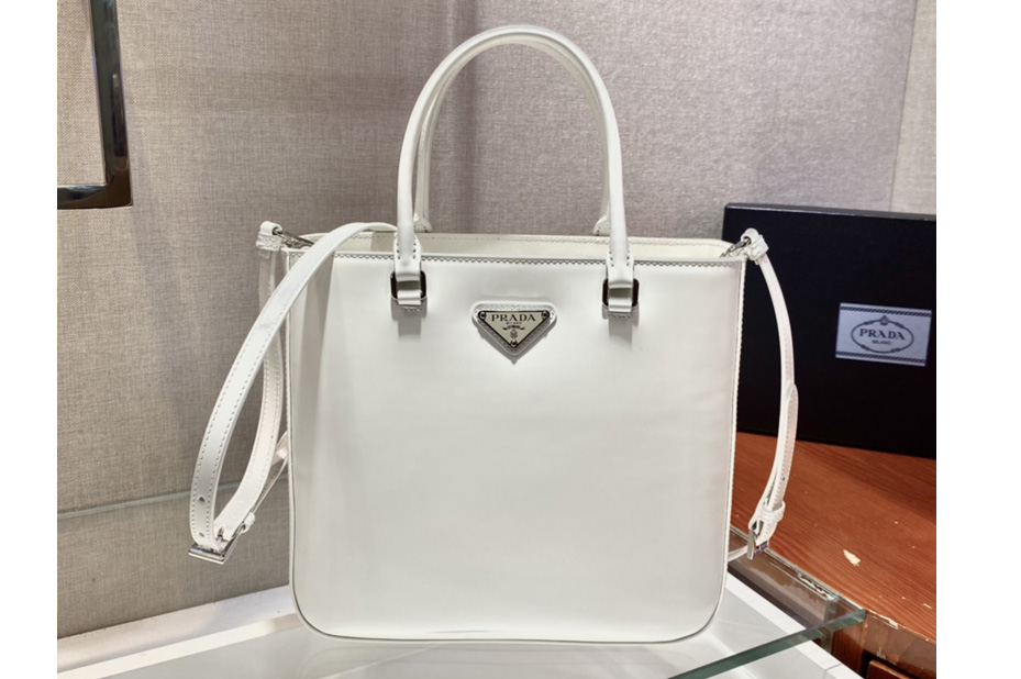 Prada 1BA330 Brushed leather tote bag in White Leather