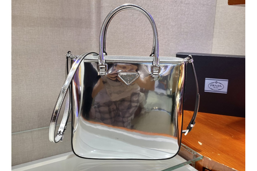 Prada 1BA330 Brushed leather tote bag in Silver Leather
