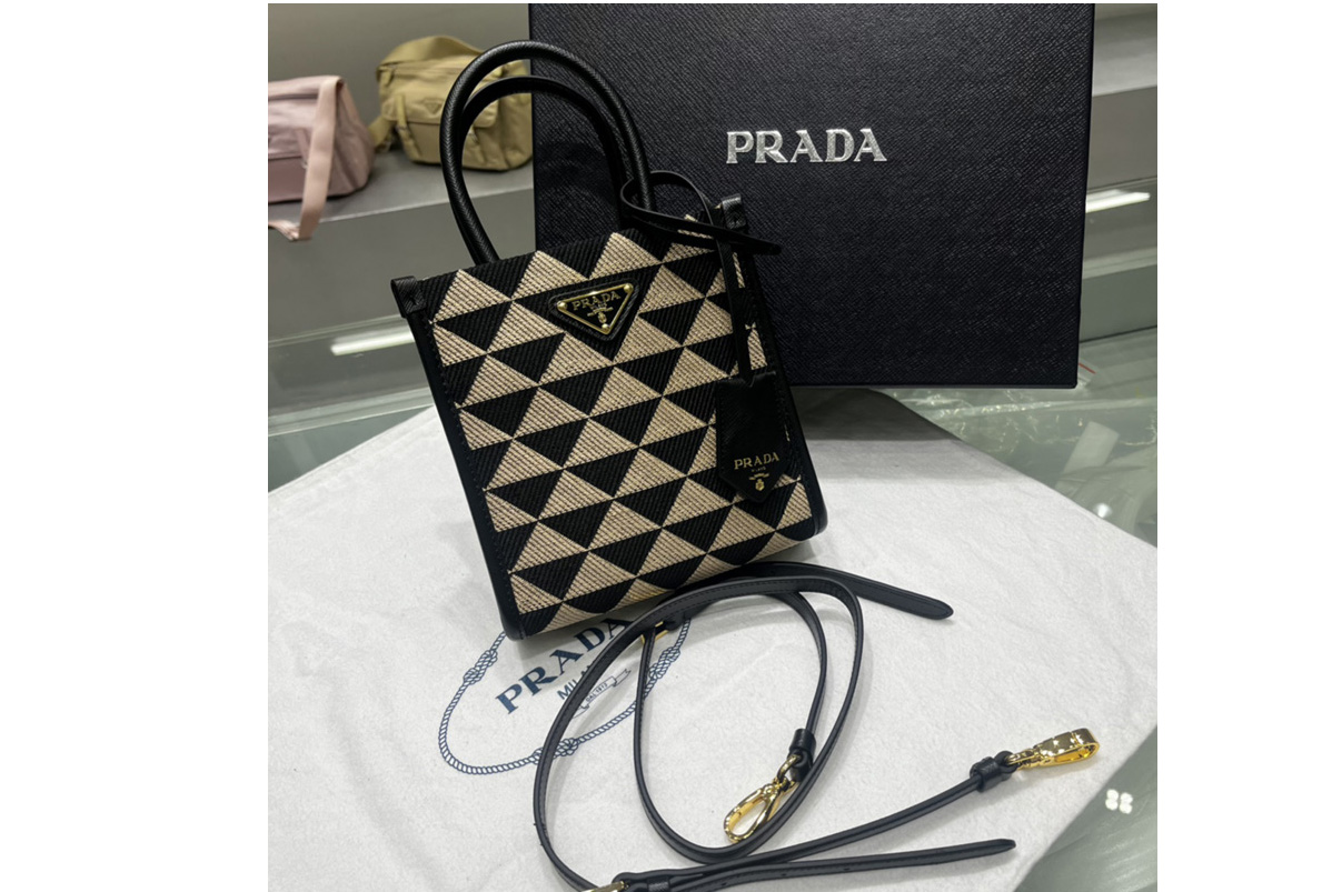 Prada 1BA355 Prada Symbole jacquard fabric micro bag in Black/Beige Fabric/Leather