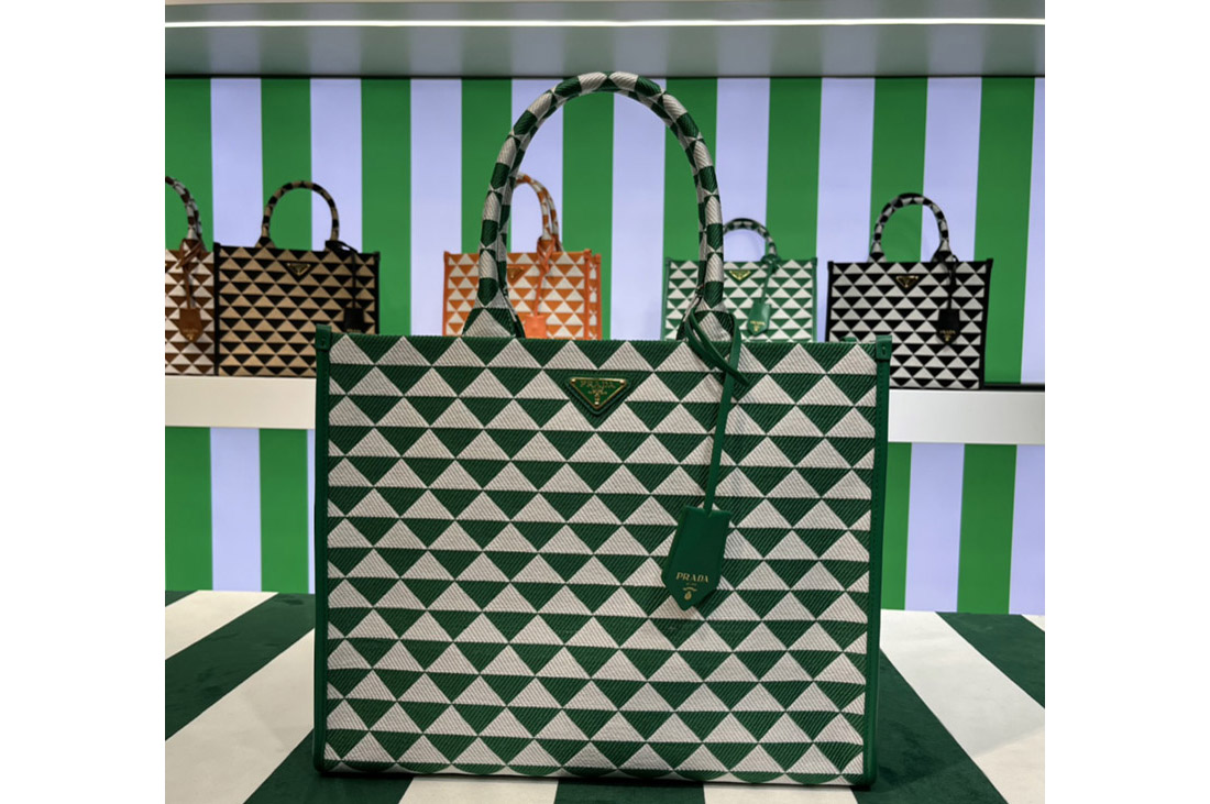 Prada 1BA356 Large Prada Symbole jacquard fabric handbag in Green/White