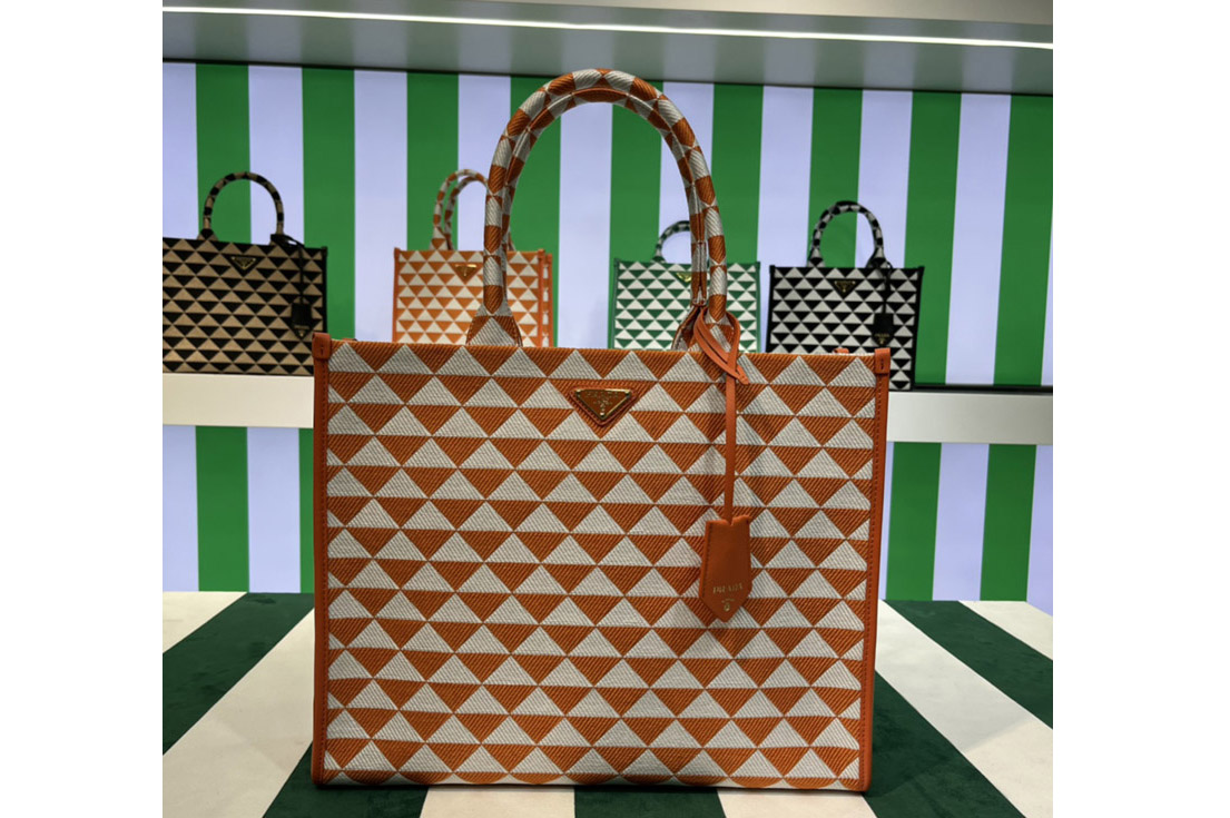 Prada 1BA356 Large Prada Symbole jacquard fabric handbag in Orange/White