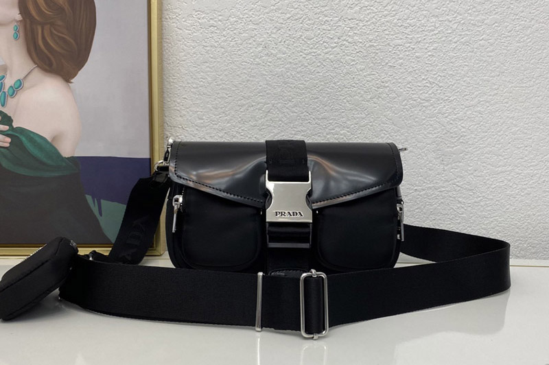 Prada 1BD295 Pocket nylon and brushed leather bag in Black nylon and brushed leather