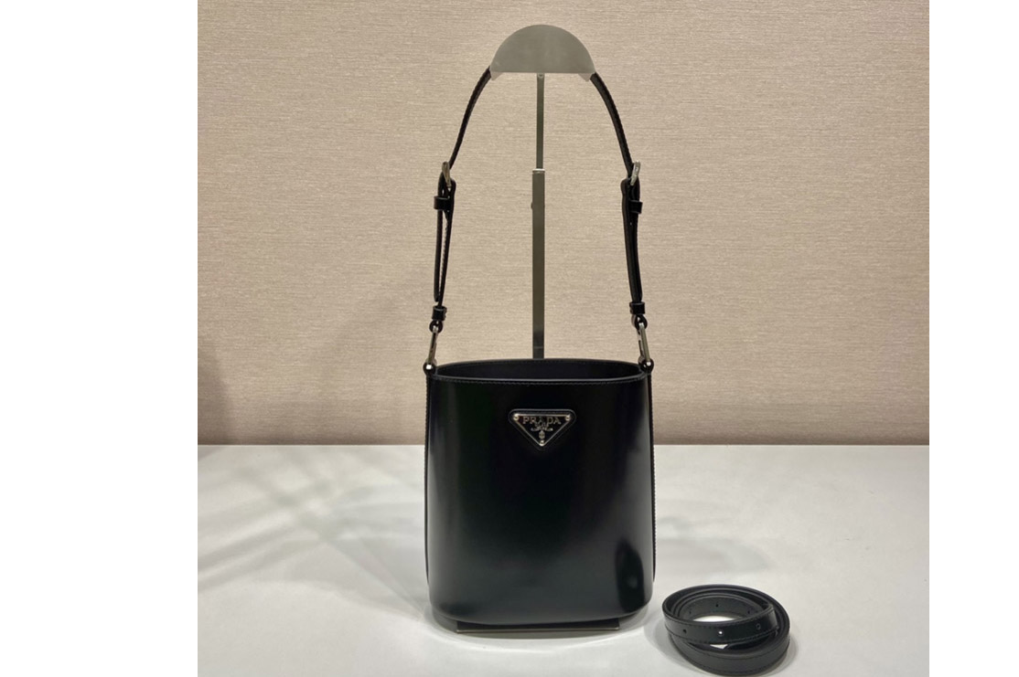 Prada 1BE059 Mini brushed-leather bucket bag in Black Leather