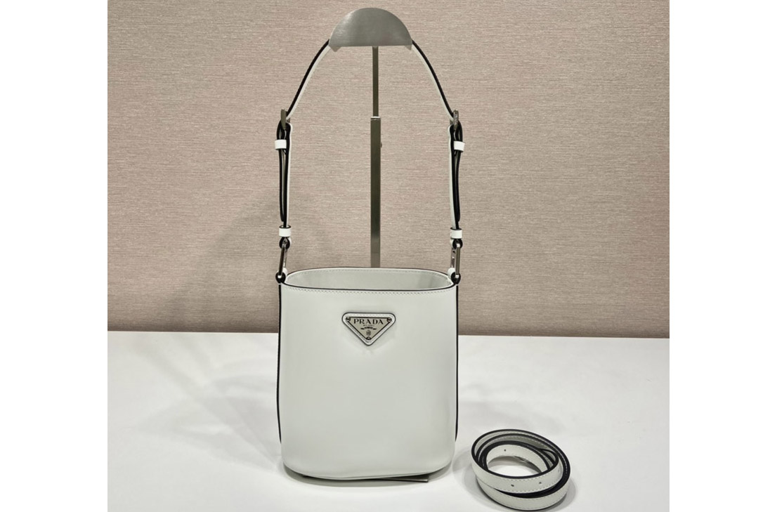 Prada 1BE059 Mini brushed-leather bucket bag in White Leather