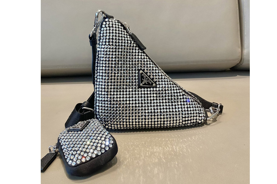 Prada 1BH190 Prada Triangle shoulder bag with artificial crystals On Black Nylon