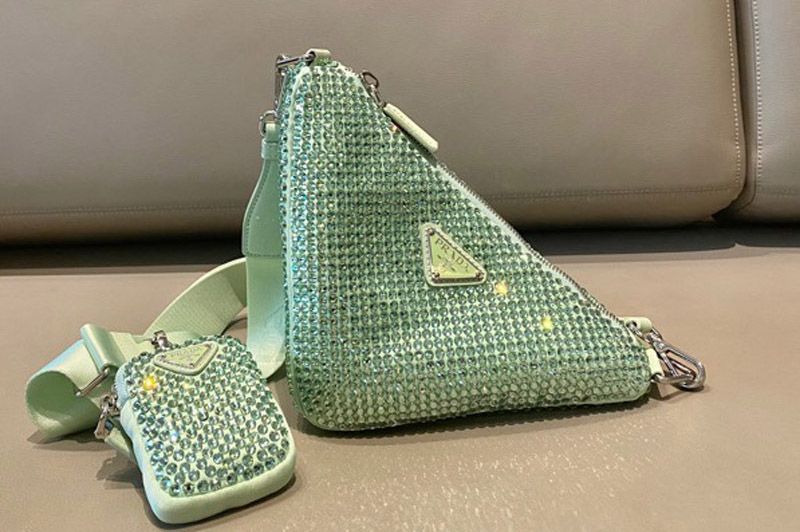 Prada 1BH190 Prada Triangle shoulder bag with artificial crystals On Green Nylon