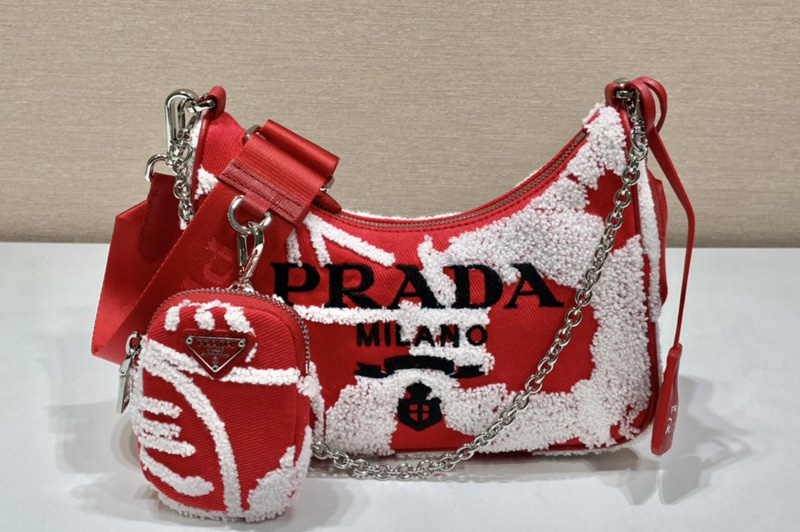 Prada 1BH204 Prada Re-Edition 2006 embroidered drill shoulder bag in Red/White Fabric