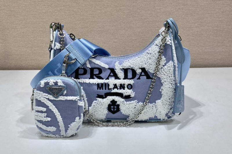 Prada 1BH204 Prada Re-Edition 2006 embroidered drill shoulder bag in Sky Blue/White Fabric