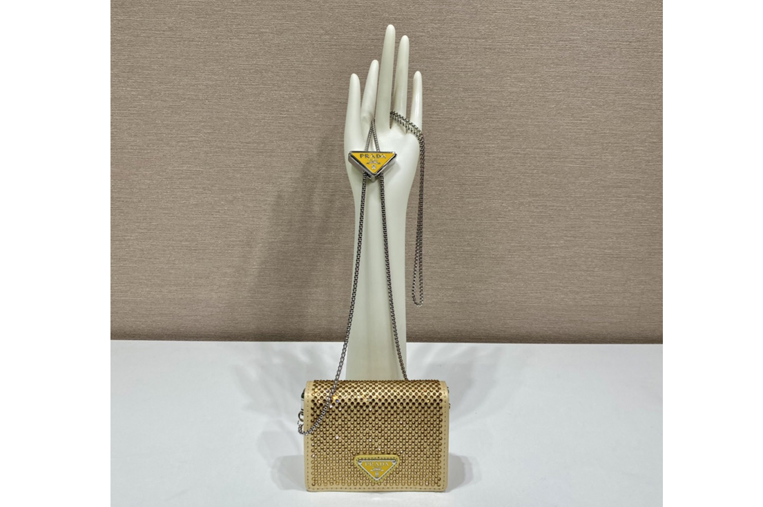 Prada 1MR024 Cardholder with shoulder strap and crystals on Gold