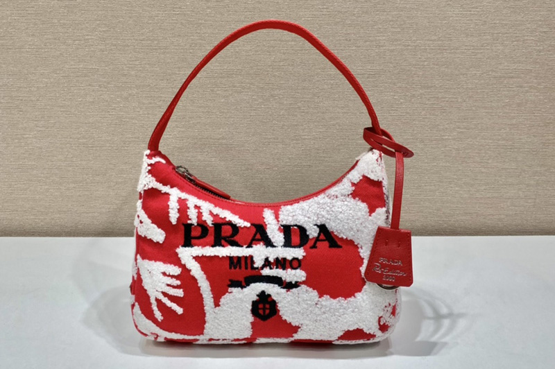 Prada 1NE515 Re-Edition 2000 embroidered drill mini bag in Red/White Fabric